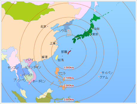 沖縄諸島を中心にした周辺国との世界地図